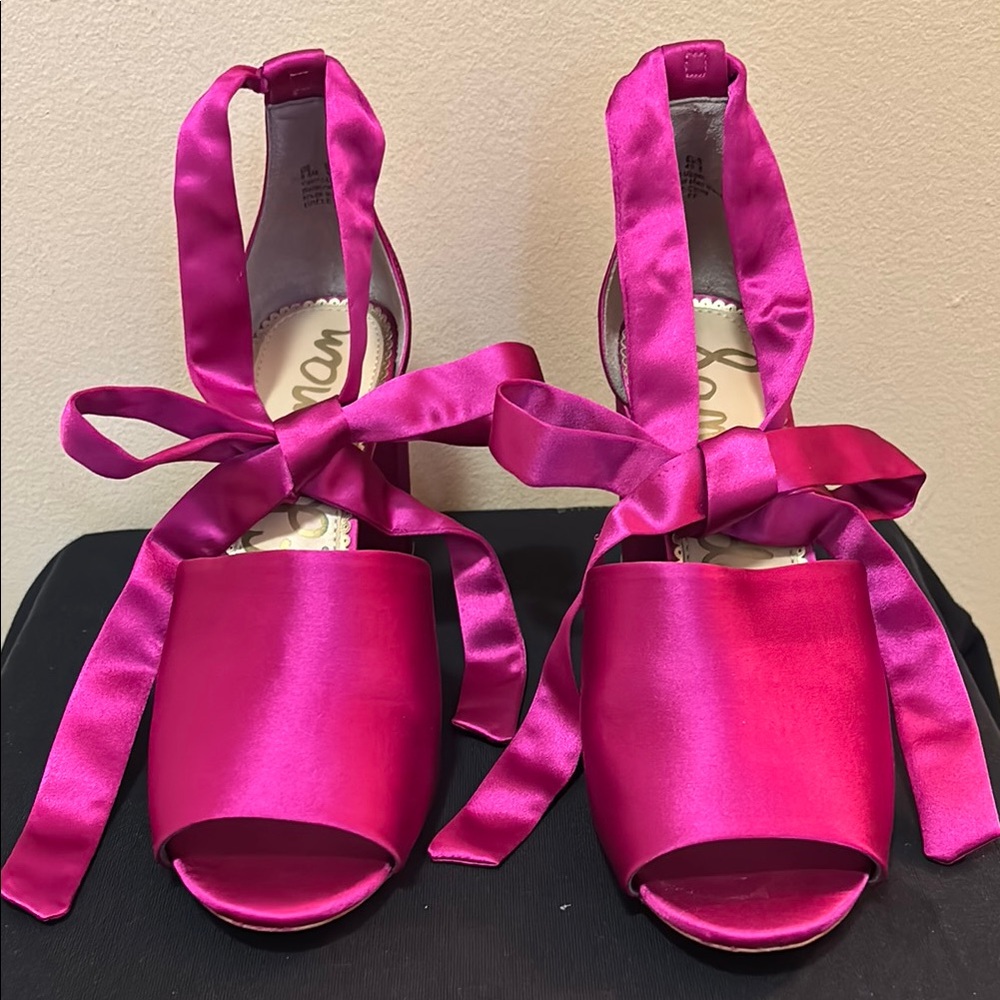 Sam Edelman Pink Heels with Ribbon Straps and Open-Toe Design